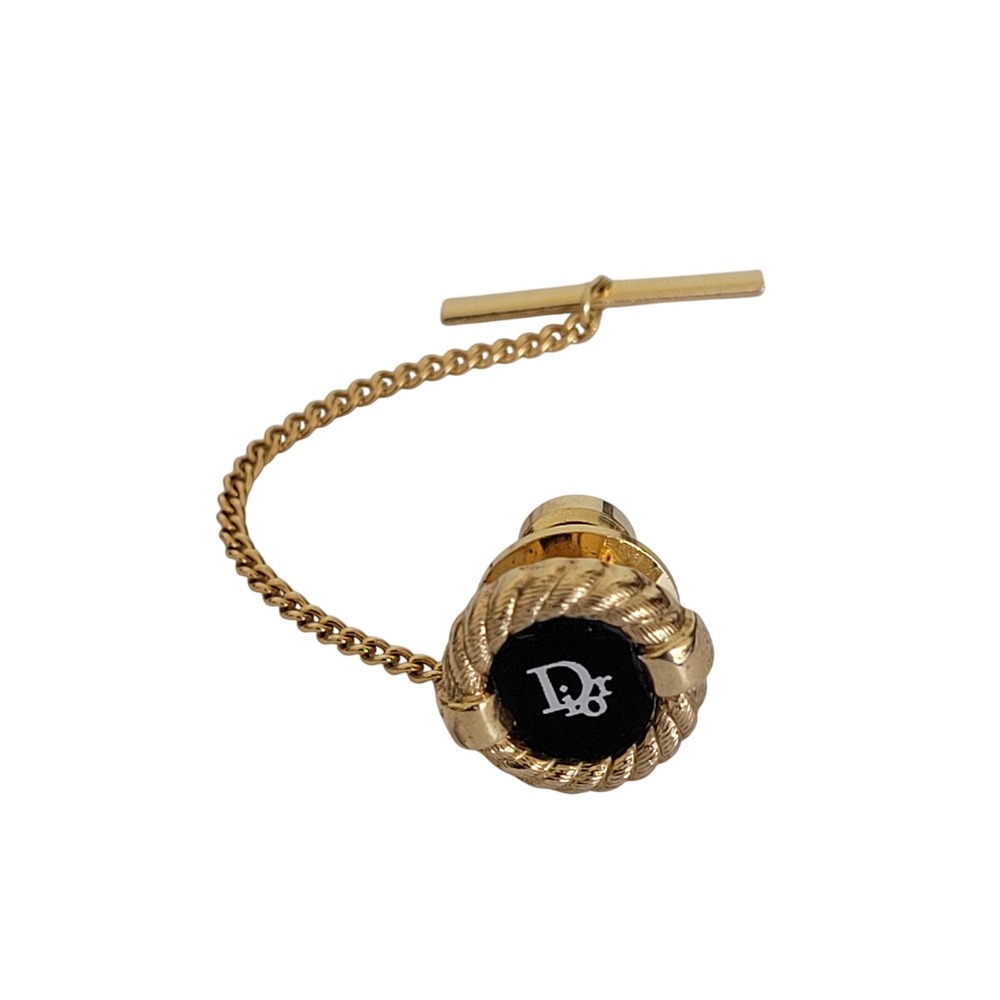 Christian Dior Vintage Gold Tone Black Logo Tie Pin Tac Chain T-Bar Accessory